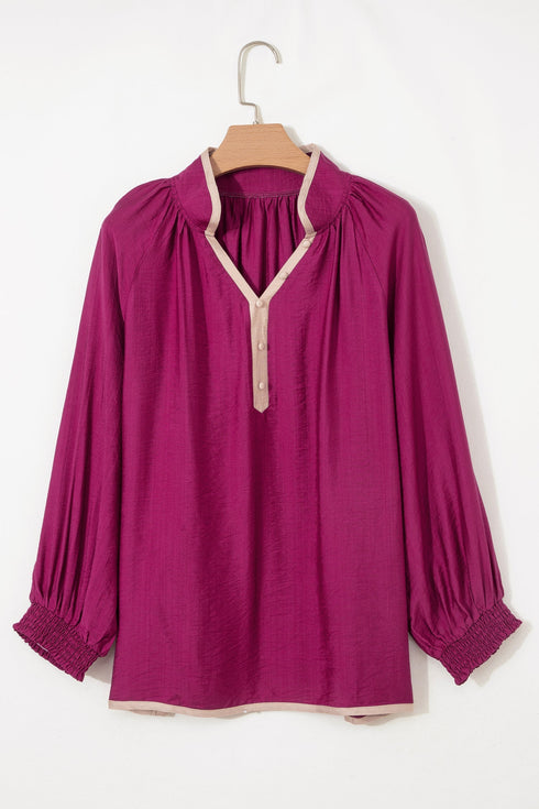 Patchwork Detailed Trim Puff Sleeve V Neck Plus Size Blouse