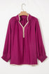 Patchwork Detailed Trim Puff Sleeve V Neck Plus Size Blouse