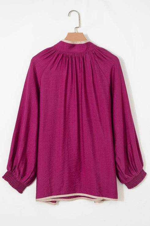 Patchwork Detailed Trim Puff Sleeve V Neck Plus Size Blouse