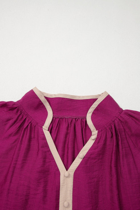 Patchwork Detailed Trim Puff Sleeve V Neck Plus Size Blouse