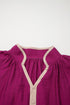 Patchwork Detailed Trim Puff Sleeve V Neck Plus Size Blouse