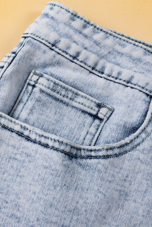Patchwork Distressed Crossover Raw Edge Denim Shorts