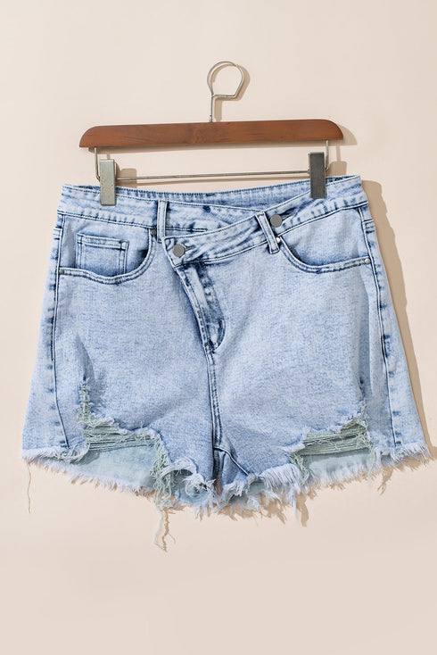 Patchwork Distressed Crossover Raw Edge Denim Shorts