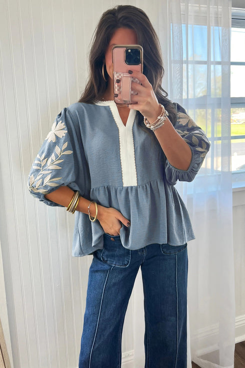 Patchwork Embroidered V Neck Puff Sleeve Babydoll Blouse