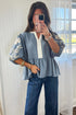 Patchwork Embroidered V Neck Puff Sleeve Babydoll Blouse