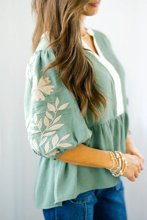 Patchwork Embroidered V Neck Puff Sleeve Babydoll Blouse