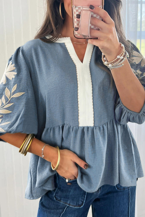 Patchwork Embroidered V Neck Puff Sleeve Babydoll Blouse