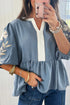 Patchwork Embroidered V Neck Puff Sleeve Babydoll Blouse
