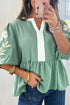 Patchwork Embroidered V Neck Puff Sleeve Babydoll Blouse