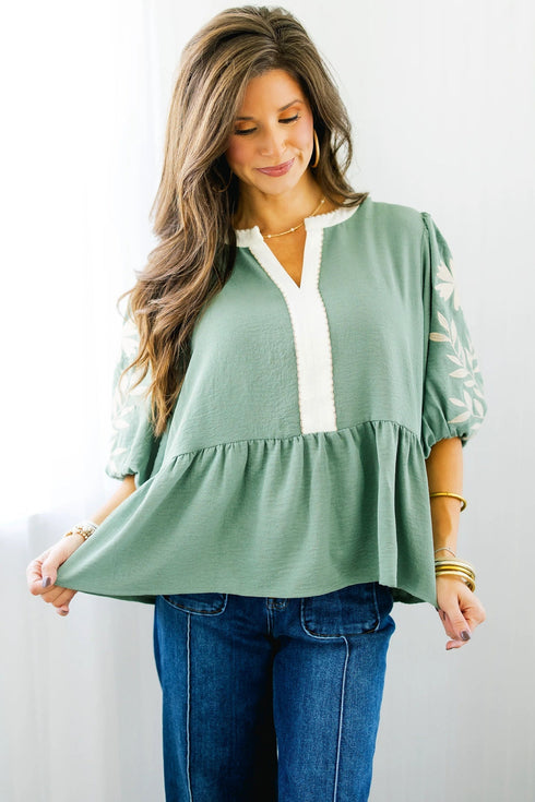 Patchwork Embroidered V Neck Puff Sleeve Babydoll Blouse