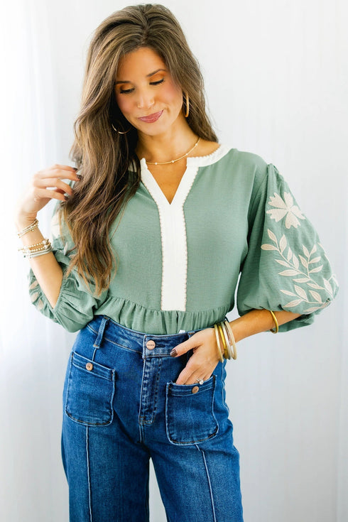 Patchwork Embroidered V Neck Puff Sleeve Babydoll Blouse