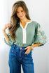 Patchwork Embroidered V Neck Puff Sleeve Babydoll Blouse