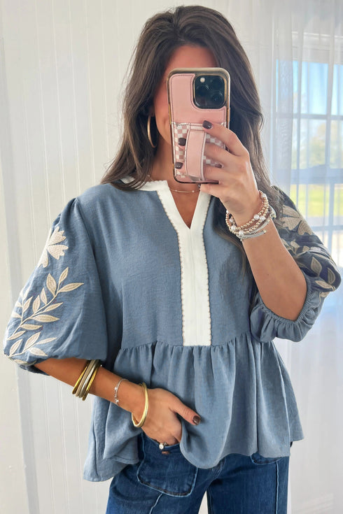 Patchwork Embroidered V Neck Puff Sleeve Babydoll Blouse