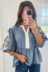 Patchwork Embroidered V Neck Puff Sleeve Babydoll Blouse