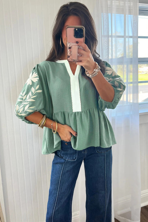 Patchwork Embroidered V Neck Puff Sleeve Babydoll Blouse