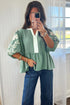 Patchwork Embroidered V Neck Puff Sleeve Babydoll Blouse