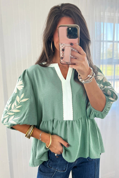 Patchwork Embroidered V Neck Puff Sleeve Babydoll Blouse