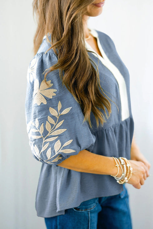 Patchwork Embroidered V Neck Puff Sleeve Babydoll Blouse