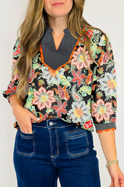Patchwork Floral And Stripe Rick Rack Trim V Neck Blouse
