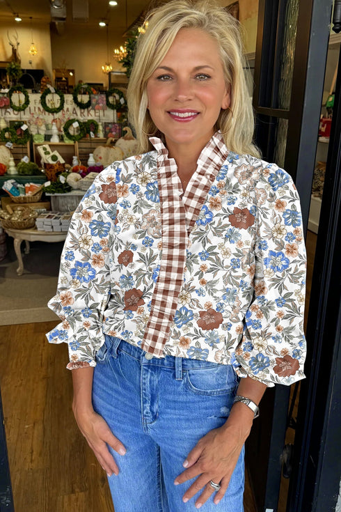 Patchwork Floral Plaid Frilled Trim Relaxed Blouse
