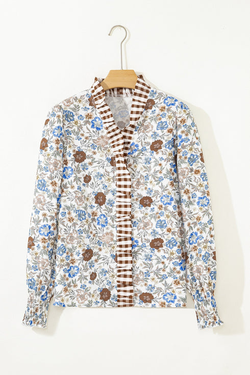 Patchwork Floral Plaid Frilled Trim Relaxed Blouse
