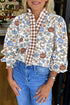 Patchwork Floral Plaid Frilled Trim Relaxed Blouse