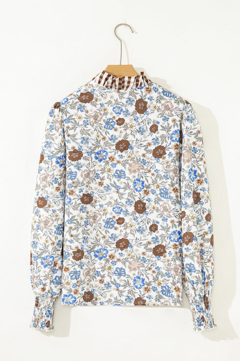 Patchwork Floral Plaid Frilled Trim Relaxed Blouse