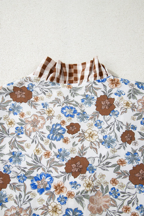 Patchwork Floral Plaid Frilled Trim Relaxed Blouse