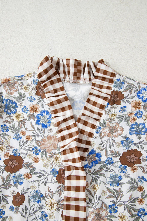 Patchwork Floral Plaid Frilled Trim Relaxed Blouse
