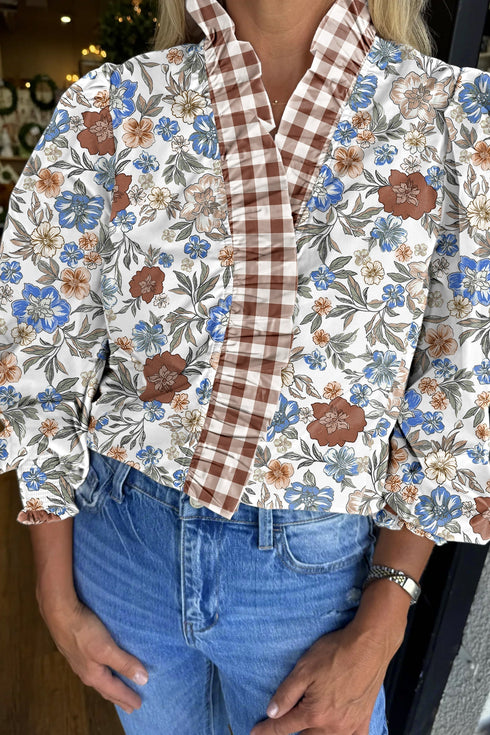 Patchwork Floral Plaid Frilled Trim Relaxed Blouse
