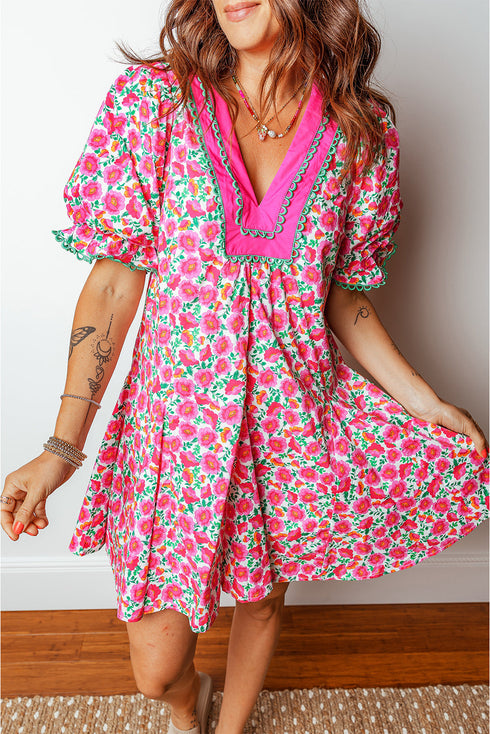 Patchwork Floral Print Bubble Sleeve V Neck Mini Dress