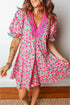 Patchwork Floral Print Bubble Sleeve V Neck Mini Dress