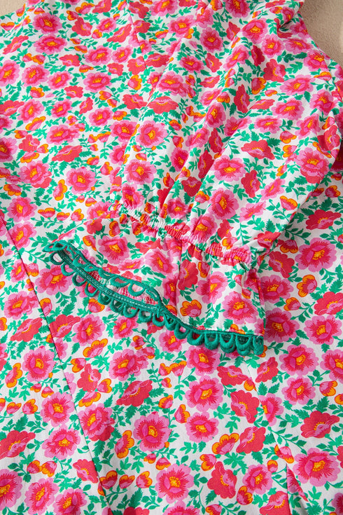 Patchwork Floral Print Bubble Sleeve V Neck Mini Dress