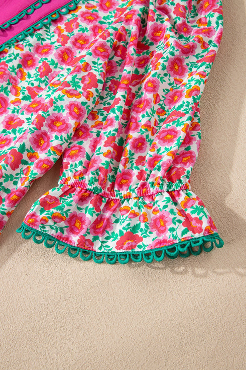 Patchwork Floral Print Bubble Sleeve V Neck Mini Dress