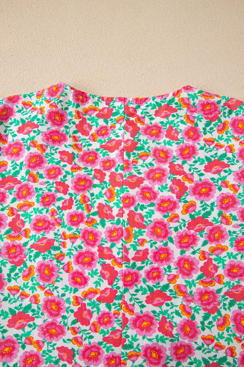 Patchwork Floral Print Bubble Sleeve V Neck Mini Dress