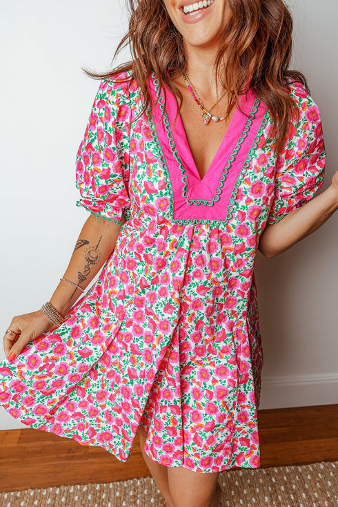 Patchwork Floral Print Bubble Sleeve V Neck Mini Dress