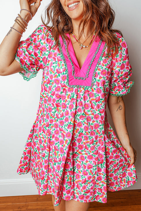 Patchwork Floral Print Bubble Sleeve V Neck Mini Dress