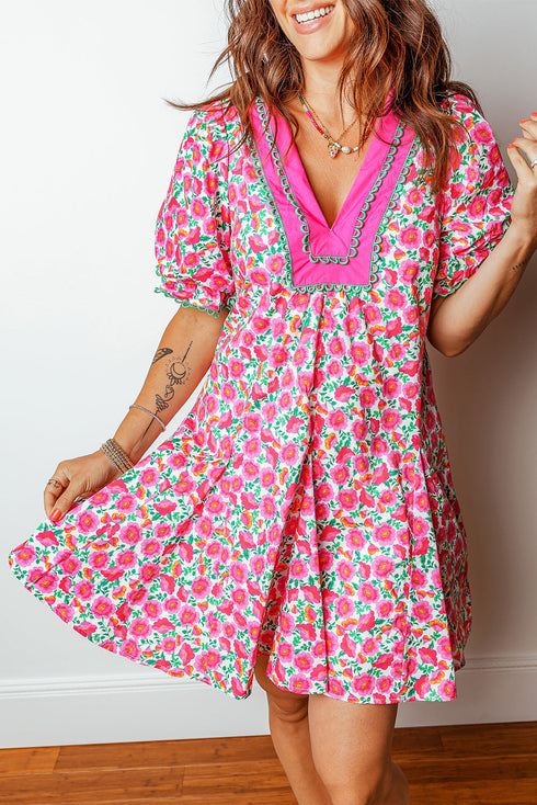 Patchwork Floral Print Bubble Sleeve V Neck Mini Dress