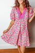 Patchwork Floral Print Bubble Sleeve V Neck Mini Dress