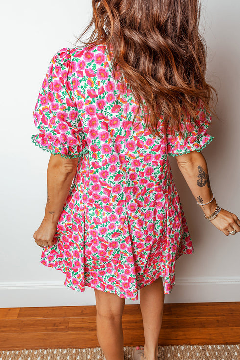 Patchwork Floral Print Bubble Sleeve V Neck Mini Dress