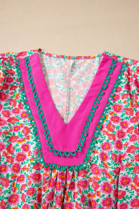 Patchwork Floral Print Bubble Sleeve V Neck Mini Dress