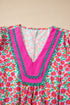 Patchwork Floral Print Bubble Sleeve V Neck Mini Dress