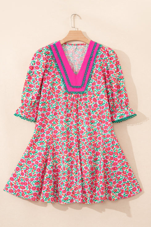 Patchwork Floral Print Bubble Sleeve V Neck Mini Dress