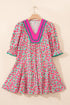 Patchwork Floral Print Bubble Sleeve V Neck Mini Dress