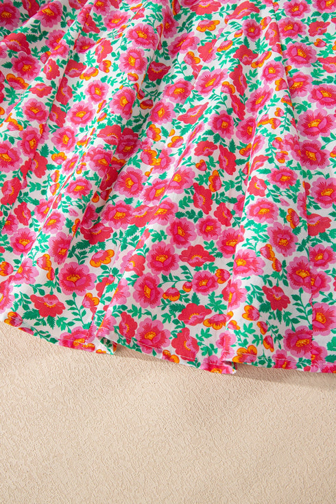 Patchwork Floral Print Bubble Sleeve V Neck Mini Dress