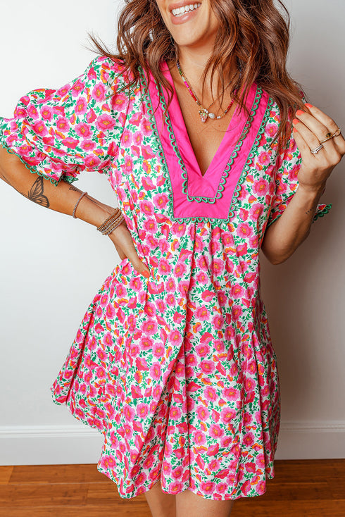 Patchwork Floral Print Bubble Sleeve V Neck Mini Dress