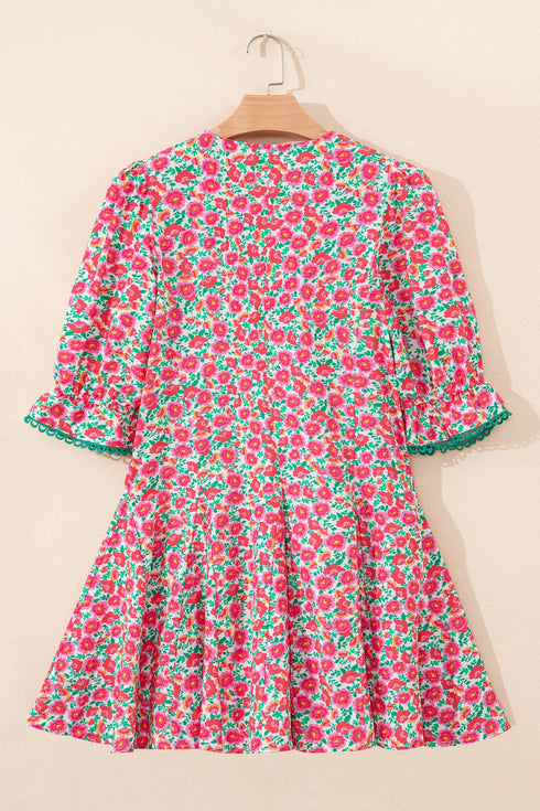 Patchwork Floral Print Bubble Sleeve V Neck Mini Dress