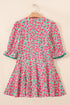 Patchwork Floral Print Bubble Sleeve V Neck Mini Dress