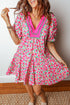 Patchwork Floral Print Bubble Sleeve V Neck Mini Dress