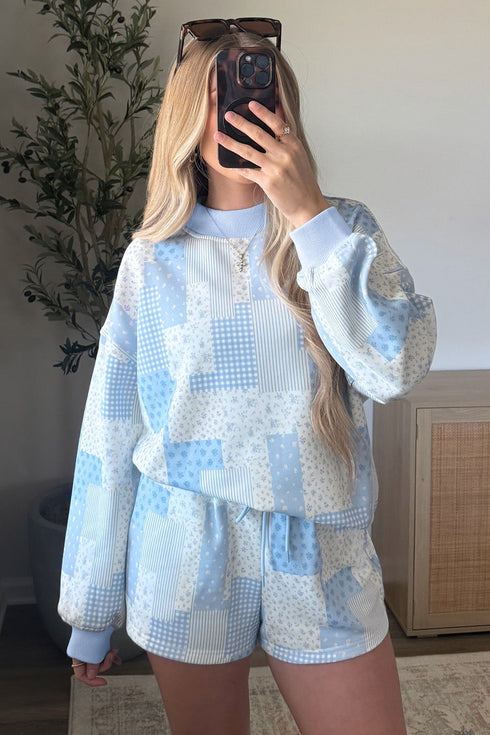 Patchwork Floral Print Drop Shoulder Baggy Pullover Drawstring Shorts Set